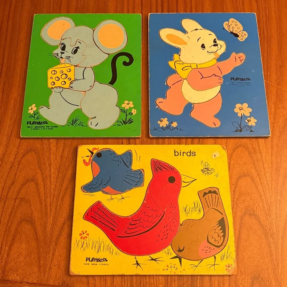 Vintage Playskool Wood Wooden First Puzzle Preschool Large Piece Set of 3